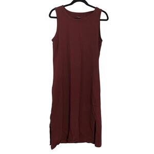 Daily Ritual Burgundy Sleeveless Cotton Midi Dress Side Slits Med Casual Basic